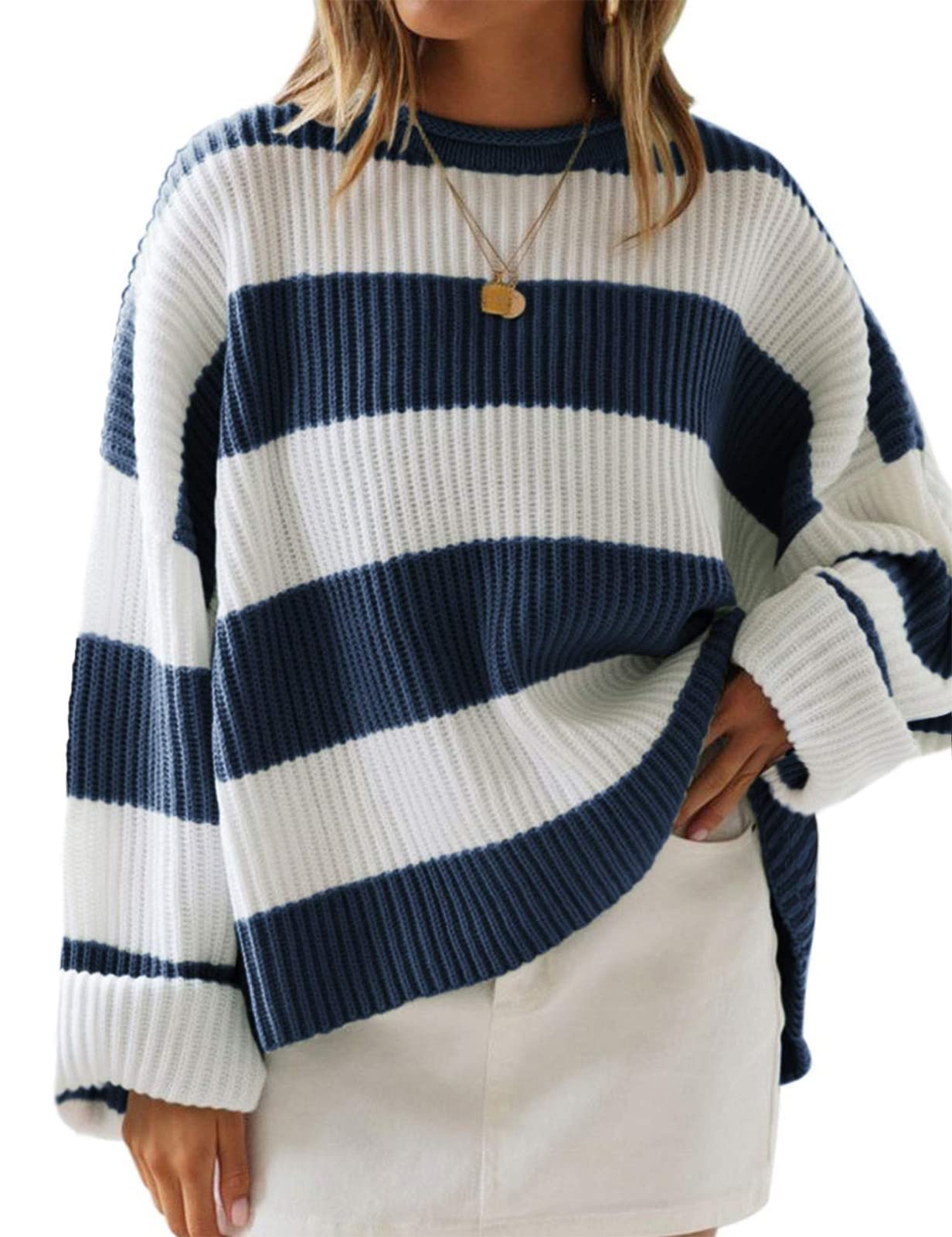 ZESICA Women's 2025 Fall Long Sleeve Oversized Striped Color Block Comfy Loose Crew Neck Knitted Pullover Sweater