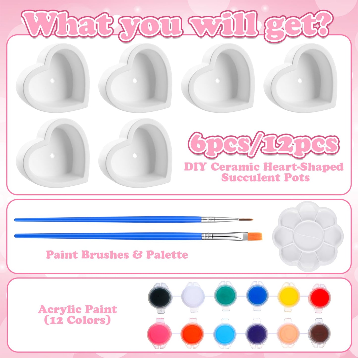 Beeveer 6 Pcs DIY Mother's Day Craft Kits Make Your Own Ceramic Succulent Planters Paintable Heart Shaped Decoration, and Ceramic Succulent Planters Kit for Mother's Day from Daughter So