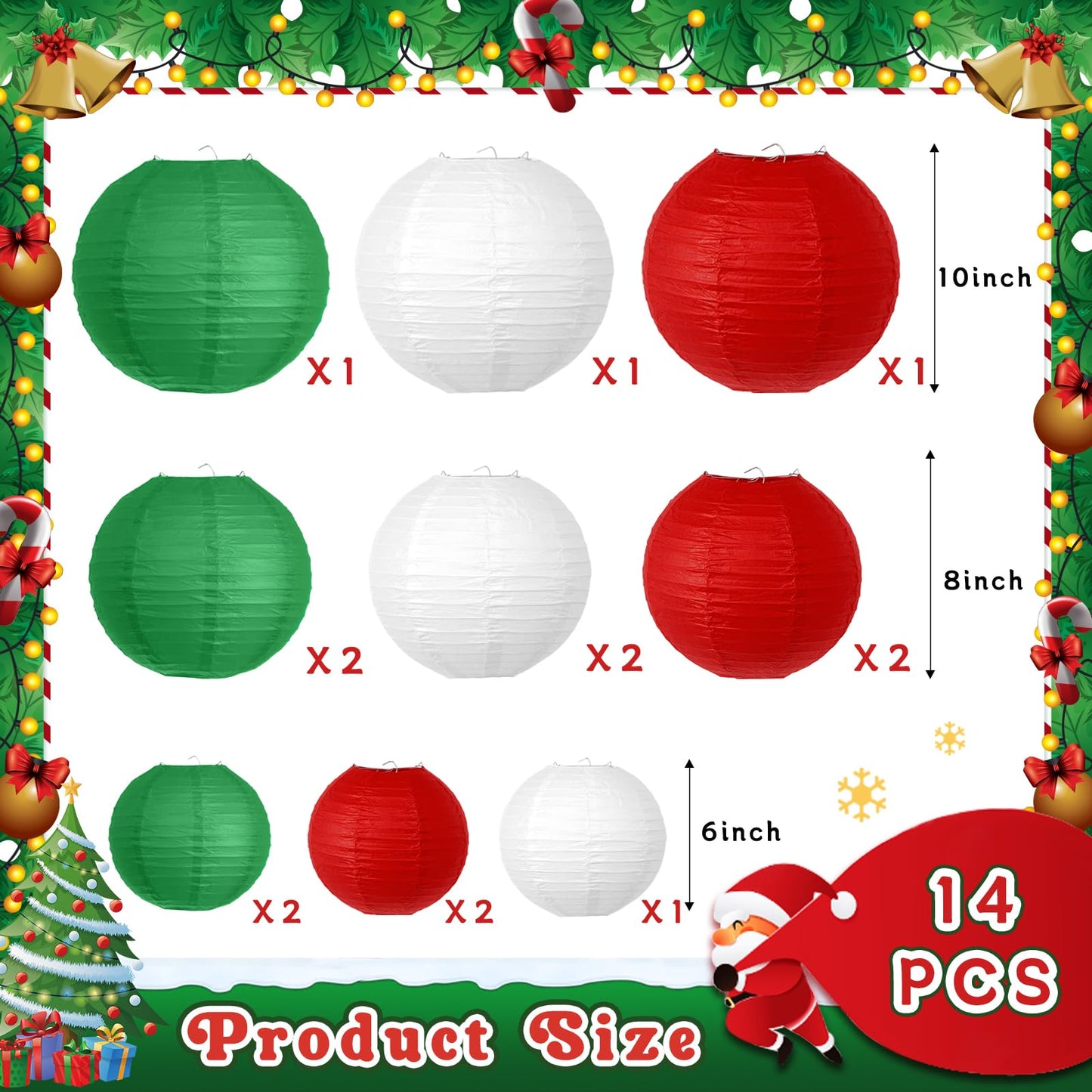 YIOTJUNL 14 PCS Red Green White Paper Lanterns, 6 8 10 Inch Hanging Ornaments for Cinco de Mayo Decorations, Mexican Fiesta Party Supplies, Italian Pizza Theme, Strawberry Birthday Decor