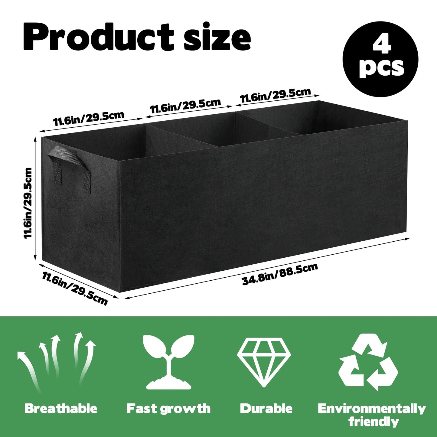 CIEOVO 4 Pack Fabric Raised Garden Bed, 22 Gallon 3 Grids Breathable Garden Growing Bags with Handle, Garden Grow Planter Bags Plant Bed for Growing Herbs Flowers and Vegetables