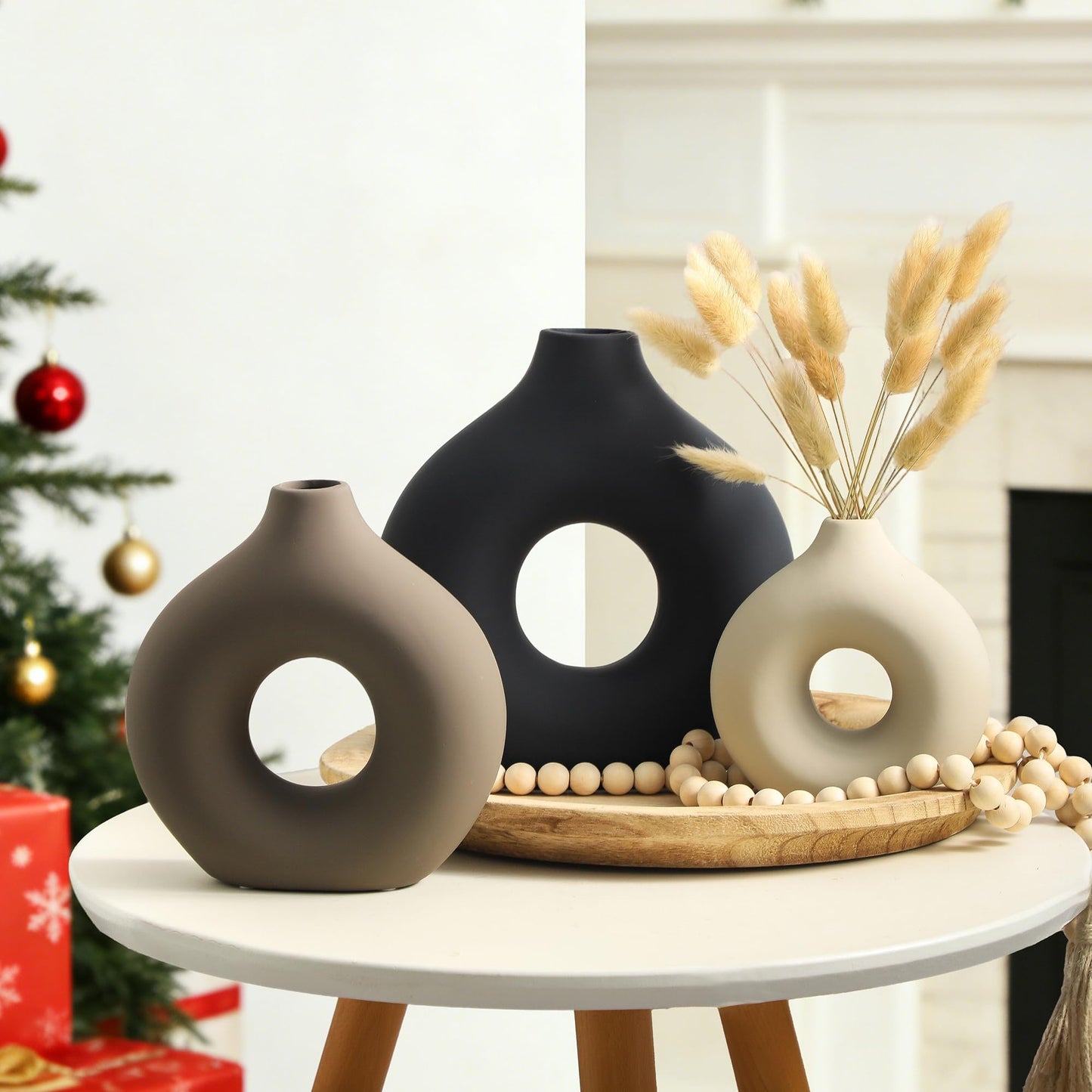 Vanselia Ceramic Vase Home Table Decor - Flower Vases Set of 3 Small Living Room Centerpiece Decorations for Shelf Bedroom Office Kitchen Dining Desk Modern Aesthetic Farmhouse Decorative (Classic)