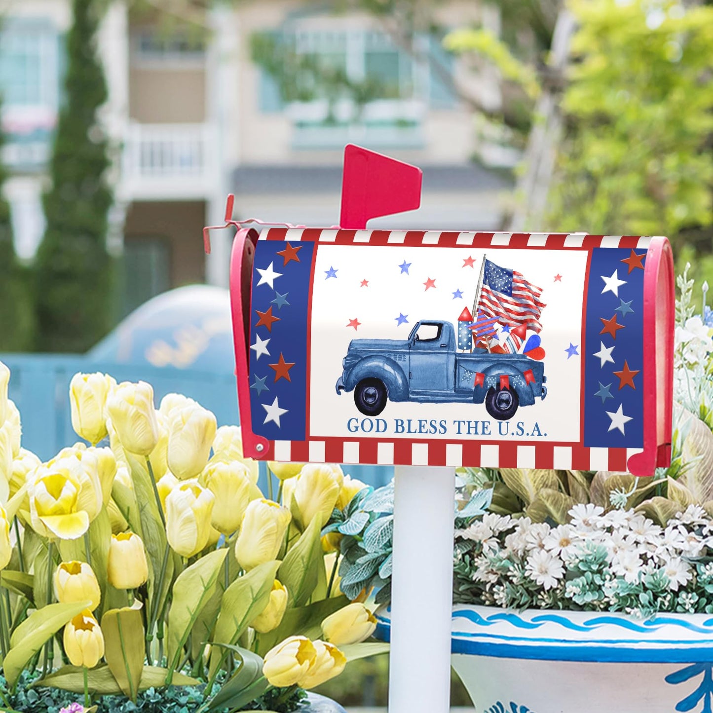 4Th of July Mailbox Cover Patriotic Memorial Day Magnetic Large Size 25.5”X21” God Bless The USA Magnetic Mailbox Wrap Red White Blue Outdoor Post Letter Box Cover for Courtyard Garden Decor