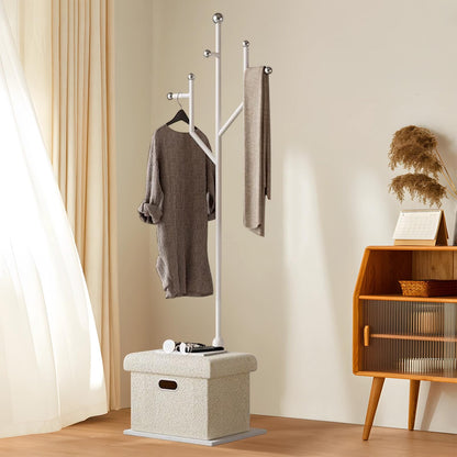 Ronsan Coat Rack Stand with Storage Box, Freestanding Metal Coat Tree with Natural Marble Base, 8-Hook Coat and Hat Rack for Entryway, Hallway, Bedroom and Office, White