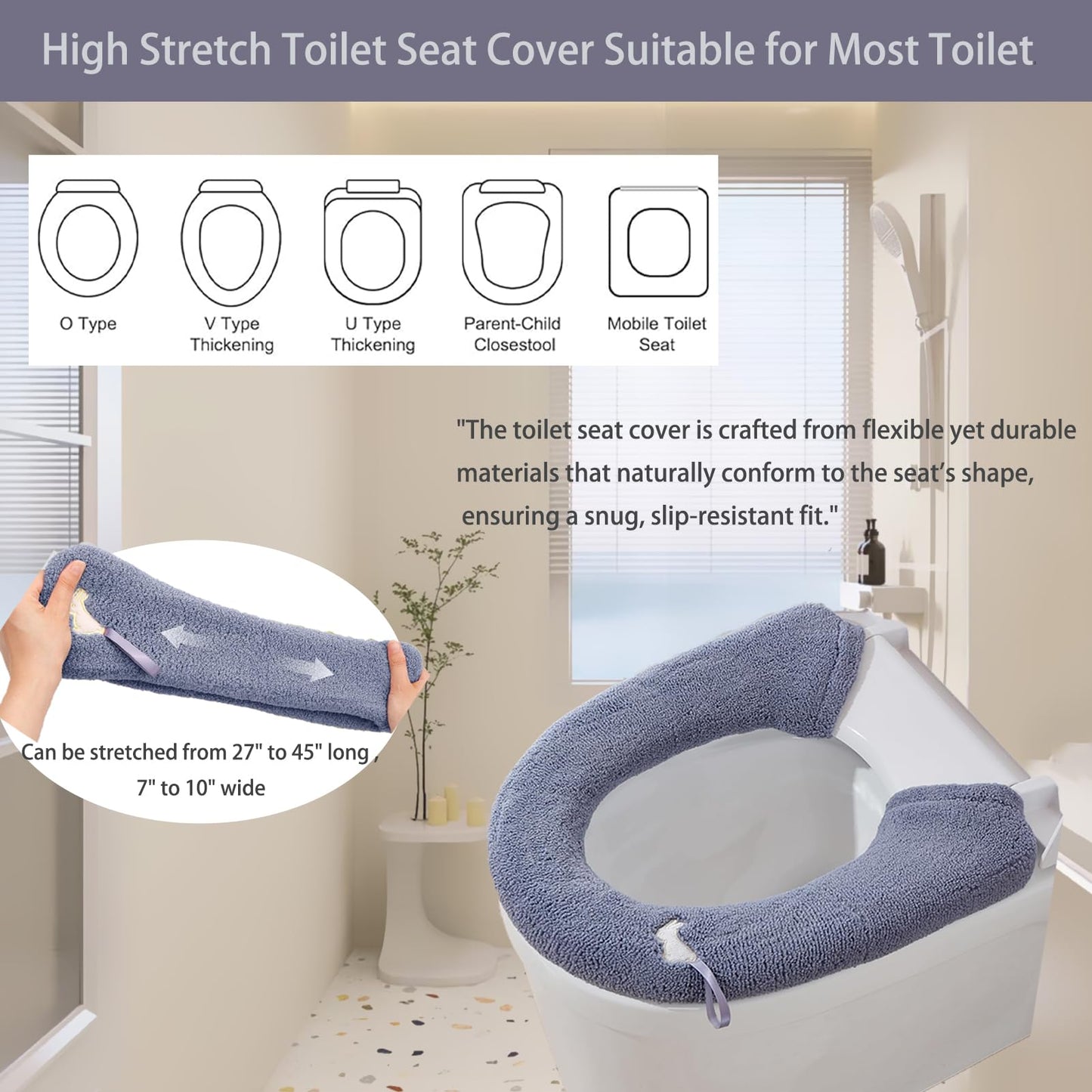 Toilet Seat Cover-3 Pieces Toilet Seat Warmer Covers with Snap-Button Fastening,Stretchable Fits for All Shape Toilet Seats,Easy Installation Washable and Reusable
