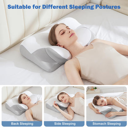 Cervical Neck Pillow for Sleeping - Cooling Ergonomic Memory Foam Pillow for Neck Pain Relief, Soft and Stretchy, Relieves Shoulder Pressure, Side Sleepers, Cooling and Breathable Ice Silk Pillowcase