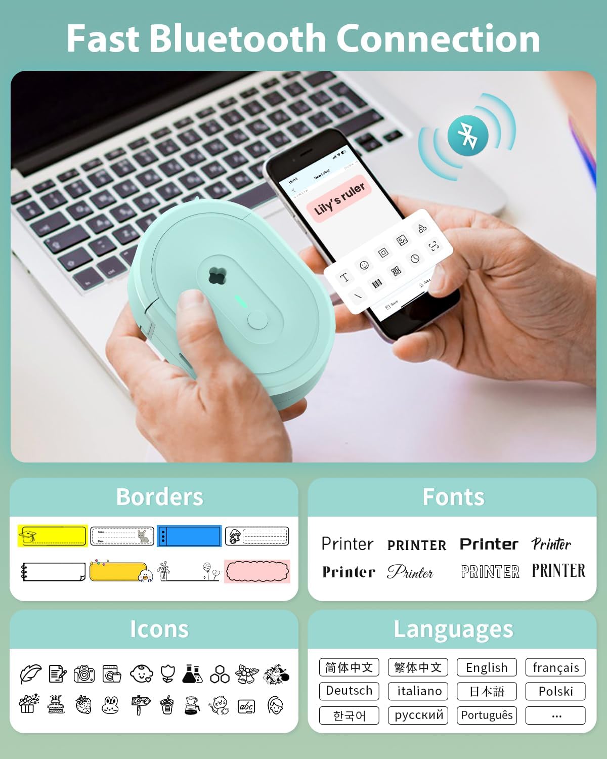 Label Maker Machine with Tape, N12 Portable Bluetooth Label Printer, Wireless Mini Label Makers Thermal Sticker with Multiple Templates for Home, Kitchen, School, Office Organization, Green
