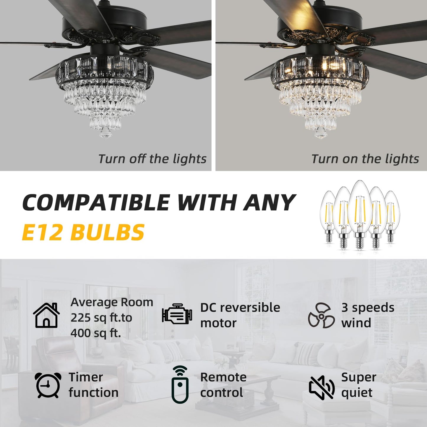 RIENAZA Modern Crystal Ceiling Fans with Lights and Remote Control, Farmhouse Retro Black Ceiling Fan Light, 52 Inch Fandelier Ceiling Fan for Living Room, Dining Room, Bedroom, Office