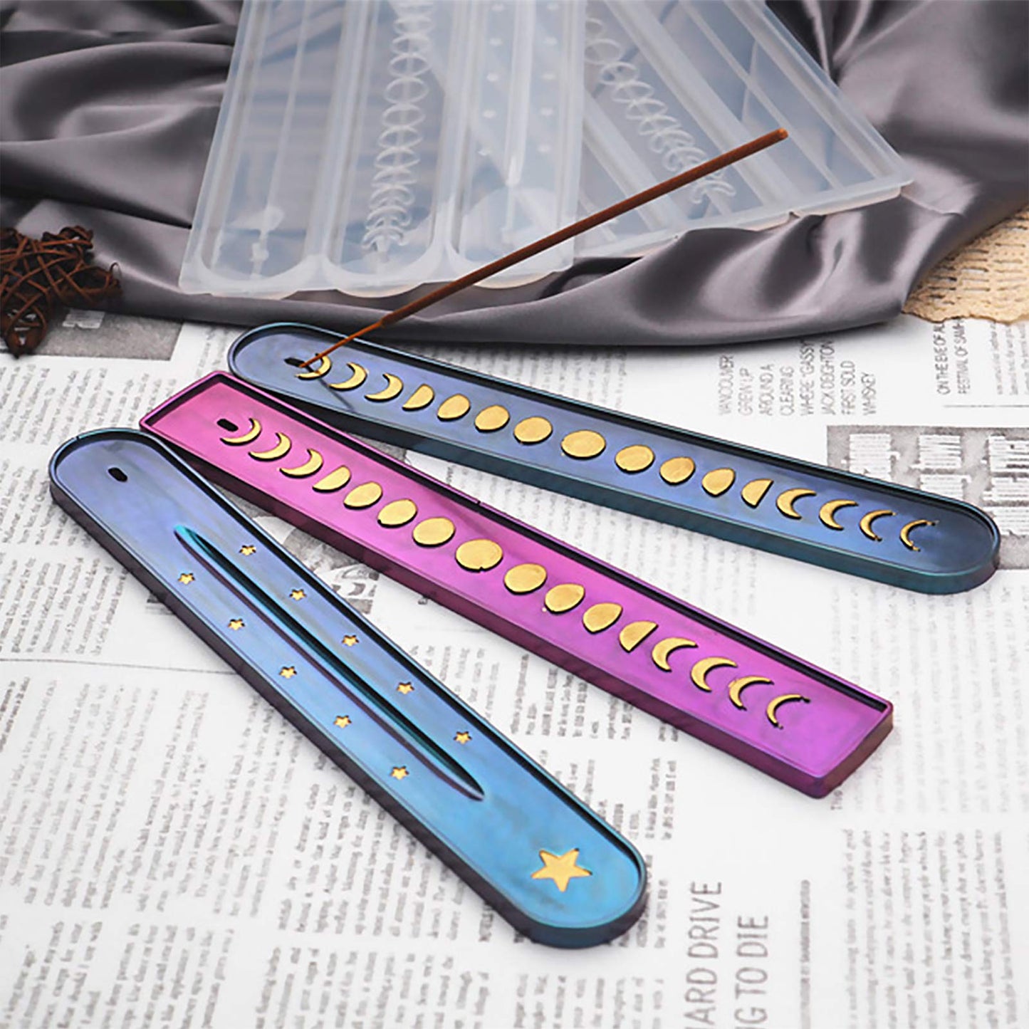 Moon Phase Incense Holder Epoxy Resin Silicone Molds Set Triple Goddess Candle Tray, Ash Catcher, Storage Box 5-Count Around 10inch Long