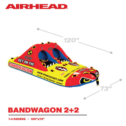 SportsStuff Bandwagon 2+2 Towable 1-4 Rider Tube for Boating and Water Sports, Kwik-Connect Tow, Heavy-Duty Full Nylon Cover and EVA Padding