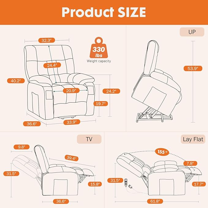 Sweetcrispy Power Lift Recliner Chair with Vibration Massage and Heat for Adults, Ergonomic Overstuffed Breathable Fabric Reclining Chair with Side Pockets, Remote Control, Living Room, Bedroom, Brown