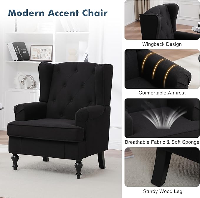 Accent Chair for Living Room, Mid Century Modern Upholstered Armchair, Wingback