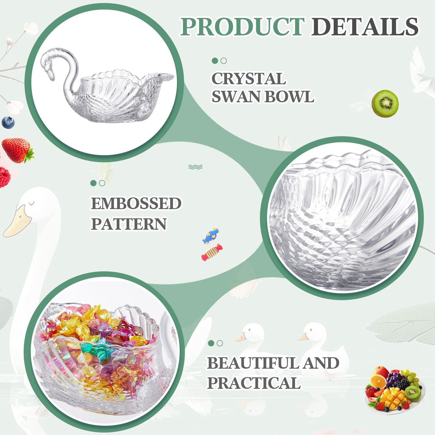 Patelai 9.8'' x 5'' Crystal Swan Bowl Decorative Centerpiece Glass Bowl for Candy Dish Flower Vase Fruits Table Decoration