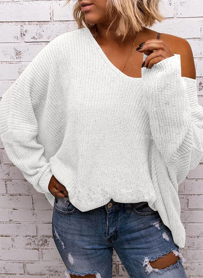 BZB Women's V Neck Long Sleeve Knit Loose Oversized Pullover Sweater Top