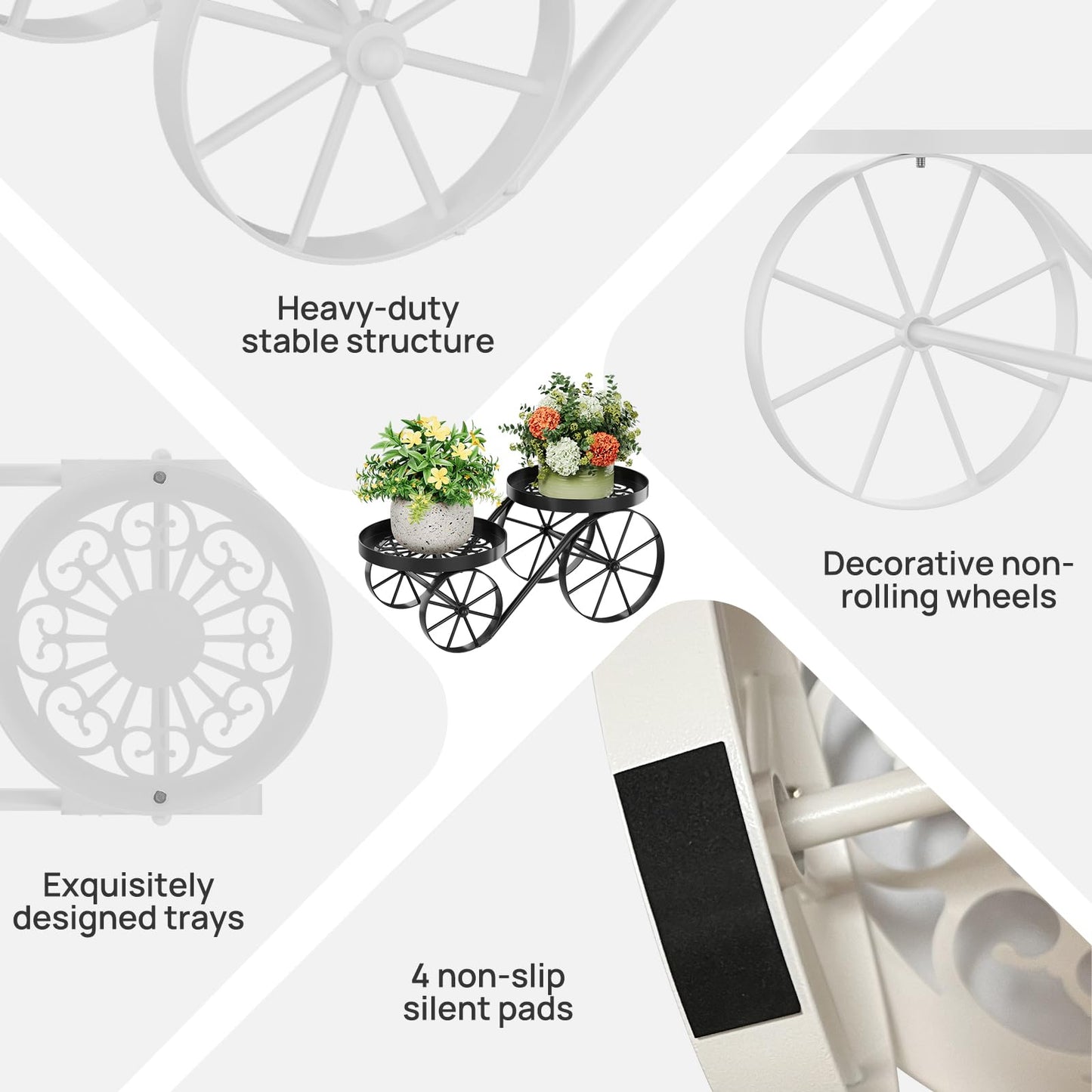 Cute Plant Stand Indoor Outdoor 2-Tier Metal Heavy Duty Flower Pot Holder with Decorative wagon wheels, Multi-Use Planter Display Rack Shelf for Garden Patio Balcony Living Room Corner (White)
