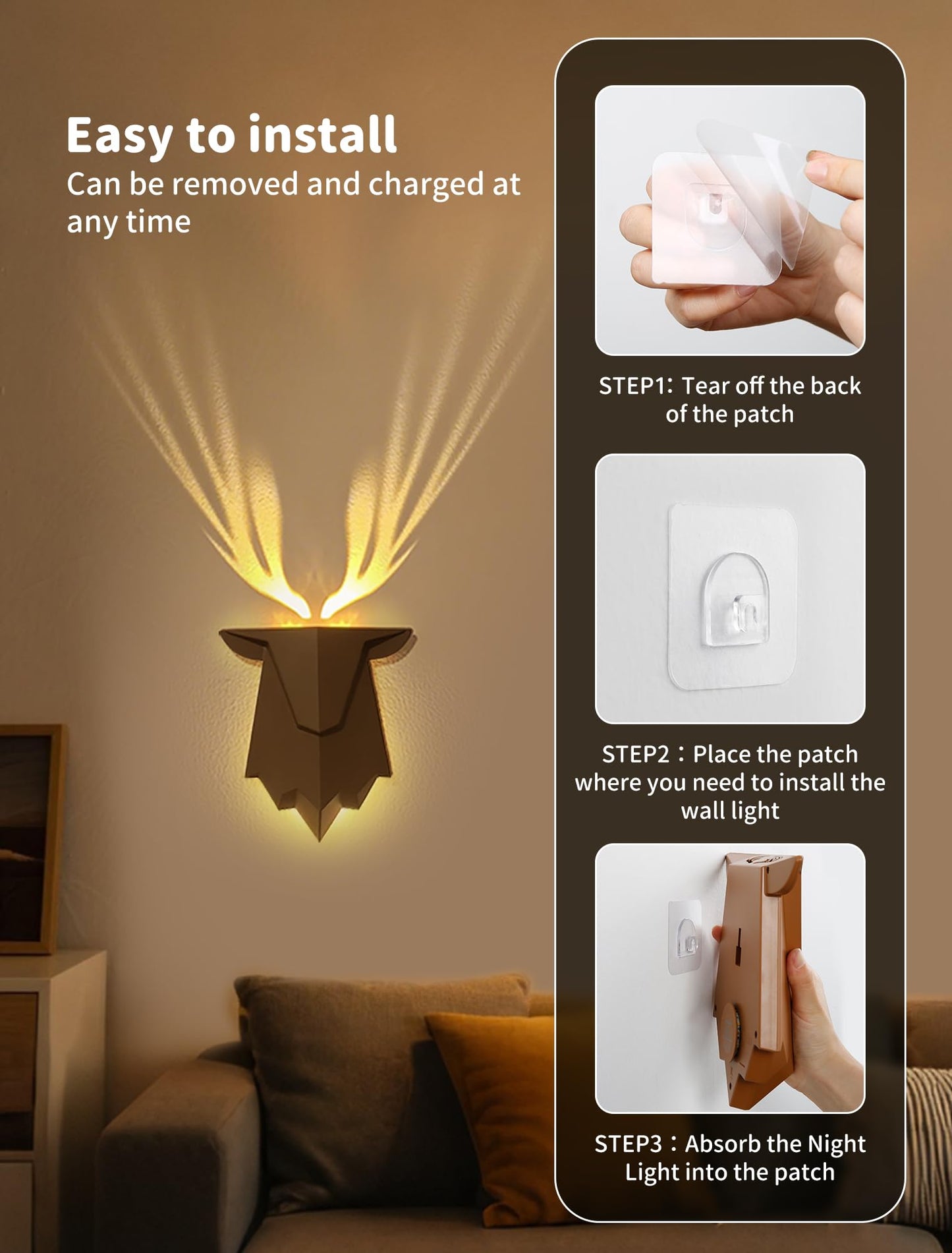 Tarinks Deer Night Light with Remote Control, Rechargeable Antler Lamp, Dimmable Deer Wall Light, Deer Sconce Gifts for Women Men Dad Husband Uncle Brother Friend, Hallway Stairway Home Decor