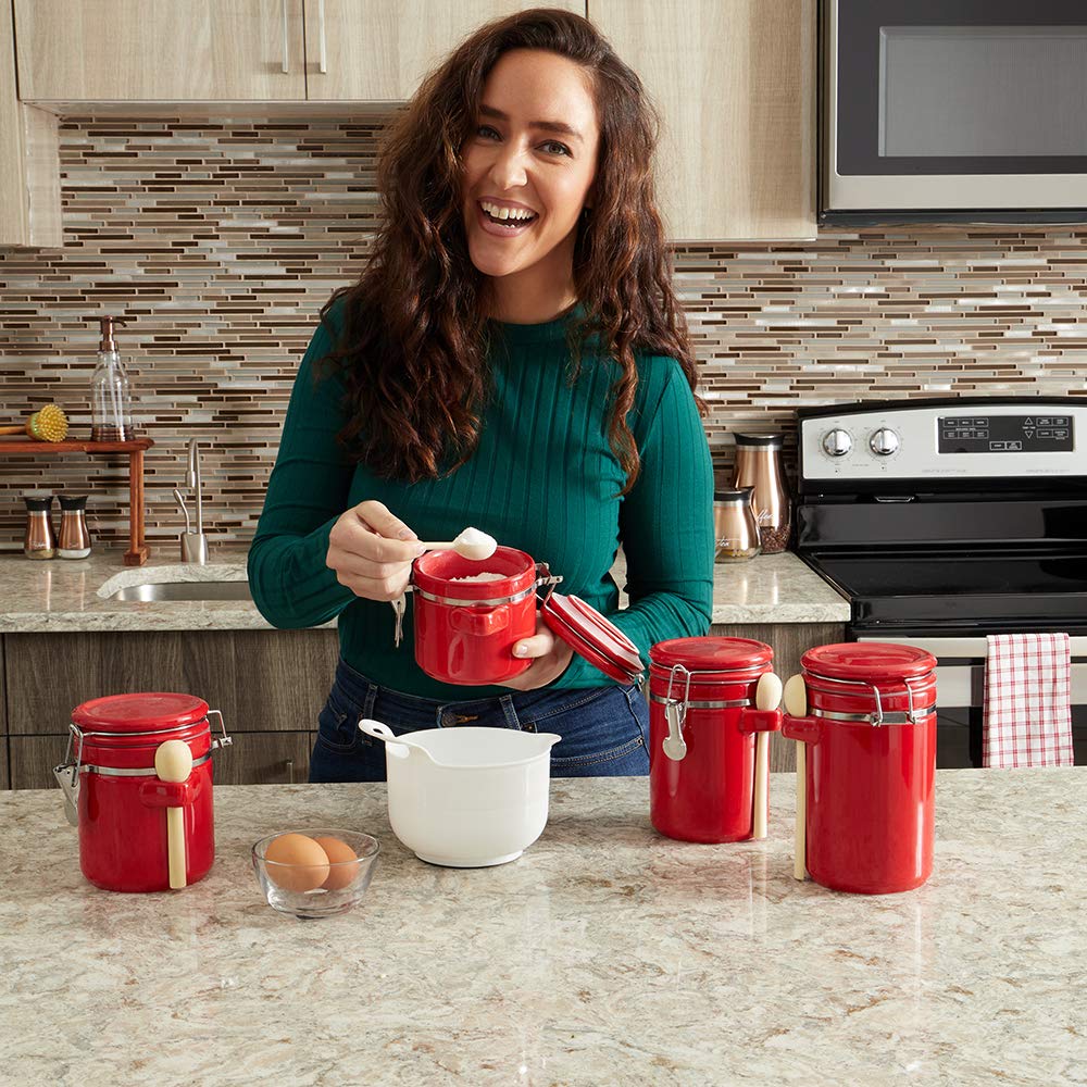 Canister Sets For The Kitchen (4 Piece Set) Red, High Gloss Ceramic | By Home Basics | Decorative | With Wooden Spoons, Countertop Set For Flour, Sugar, Coffee, and Snacks