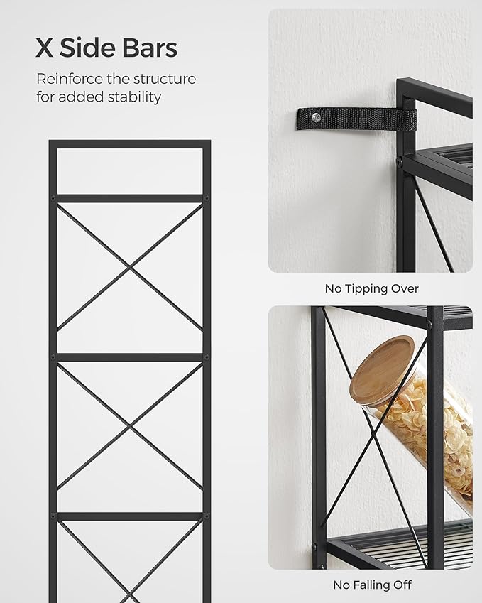 SONGMICS 5-Tier Metal Storage Rack, Shelving Unit with X Side Frames, Dense Mesh, 12.6 x 31.5 x 57.3 Inches, for Entryway, Kitchen, Living Room, Bathroom, Industrial Style, Ink Black UBSC185B01