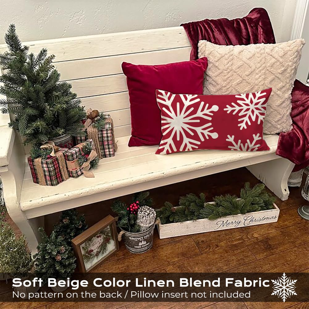 CARRIE HOME Red Christmas Snowflake Lumbar Pillow Covers 12x20 Set of 2, 12 x 20 Red and White Winter Holiday Throw Pillow Covers, Outdoor Rectangle Christmas Pillows for Porch (No Pillow Inserts)