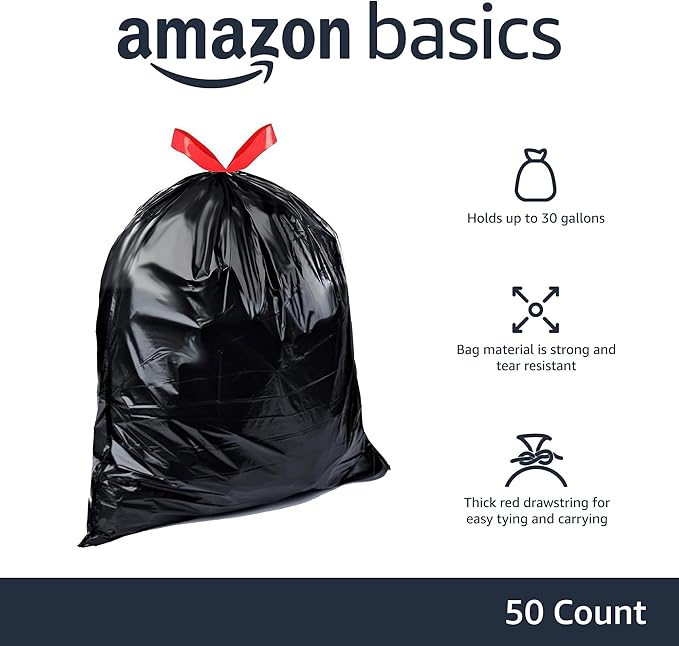 Amazon Basics Multipurpose Drawstring Trash Bags, 30 Gallon