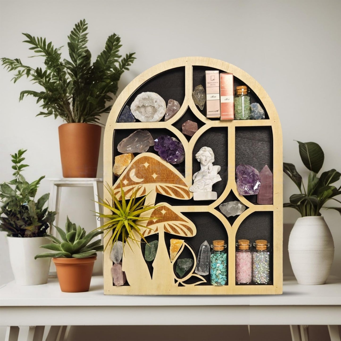 Cute Wooden Mushroom Wall Decoration Accessory Display Stand, Suitable for Crystals, Stones, Gemstones, Healing Stones, Rare Treasures, Interesting Room Wall Decoration (Archway Crystal Stand)