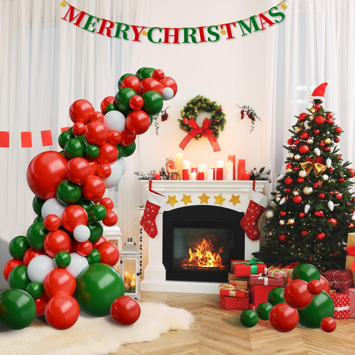 Christmas Balloons Garland Arch Kit, 129pcs Red Green White Balloons Kit Different Size,Red and Green Latex Balloons for Christmas New Years Party Decorations