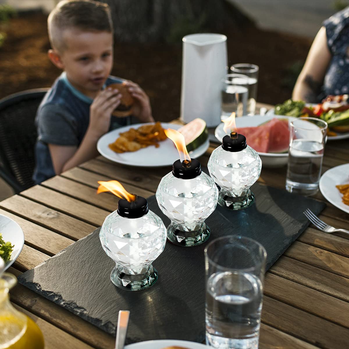DIKAIDA 4 Pack Glass Table Torches, Citronella Table Top Torches with Wick and Cap for Outdoor, Refillable Landscape Lanterns for Yard, Patio, Christmas, Garden, Party Decor