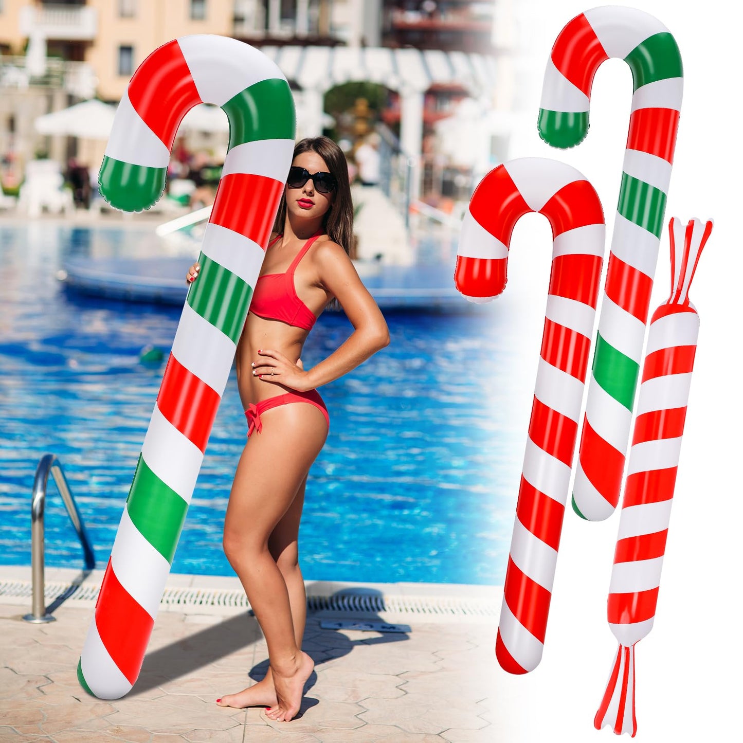 Rotatingpals 6 Pcs 6.17 ft Christmas Pool Floats Inflatable Candy Canes Jumbo Christmas in July Decorations Large Inflatable Pool Noodle Blow up Candy Cane Balloons for Xmas Ornaments Yard Garden Lawn