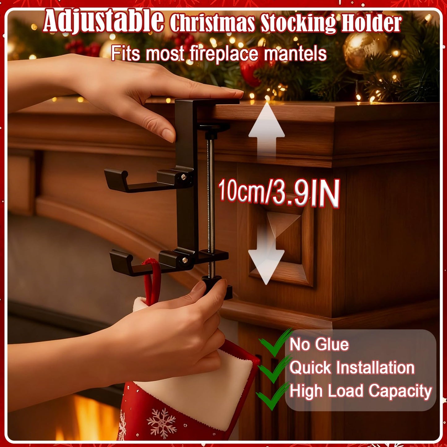 TGLIFEVER Christmas Garland and Stocking Hangers for Mantle, Adjustable 2 in 1 Mantel Stocking Holders with Foldable Double Hooks, Heavy Duty No Drill Fireplace Garland Hooks for Xmas Home Decoration