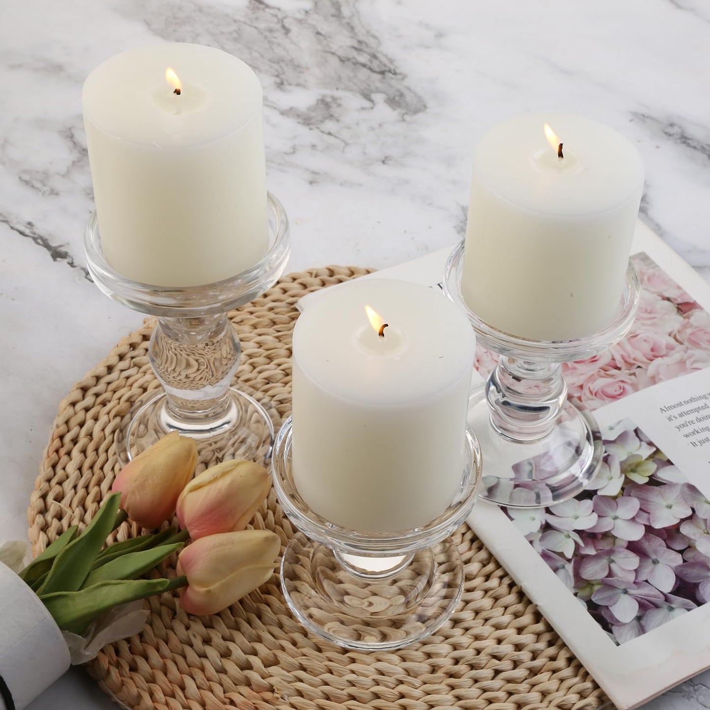 BTGLLAS 3-Piece Set of Glass Candlestick, Crystal Candlestick Holder Holder and Conical Candle, Christmas Candle Holder Decoration, Family Living Room Wedding Candle Holder (Clear)