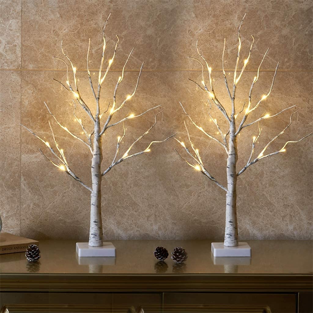 EAMBRITE Lighted Birch Tree Home Decor, Christmas Decorations Indoor 2Pack 24 LED Light Up Tabletop Mini Small Artificial White Trees Lamp with Lights Battery Operated/USB for Table Mantel (2FT)