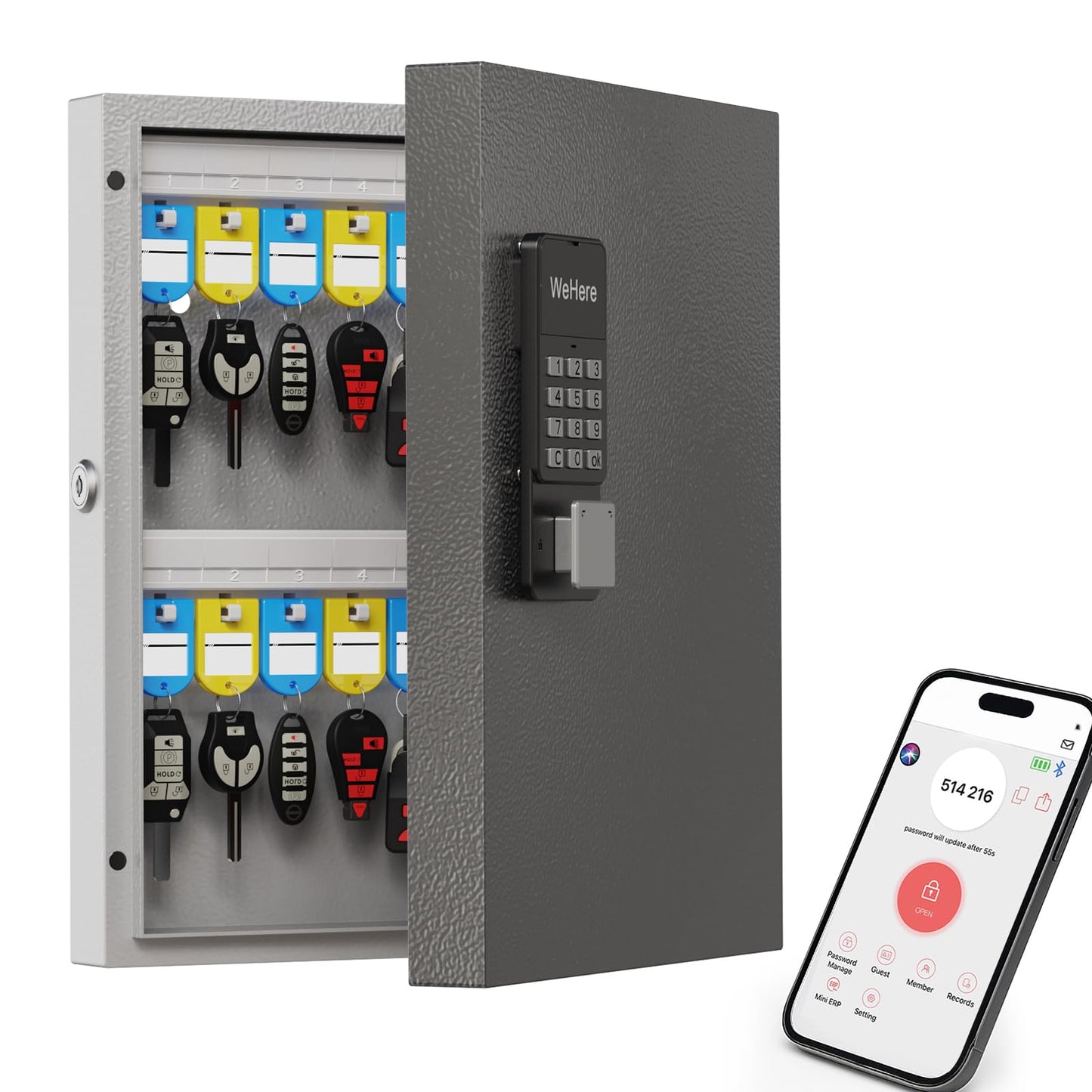 WeHere 32-Key Smart Key Lock Box Wall Mount – Commercial Key Cabinet with App, Bluetooth & WiFi Unlock (Sold Separately), Access Log Tracking, Key Management System for Rental, Office, Property