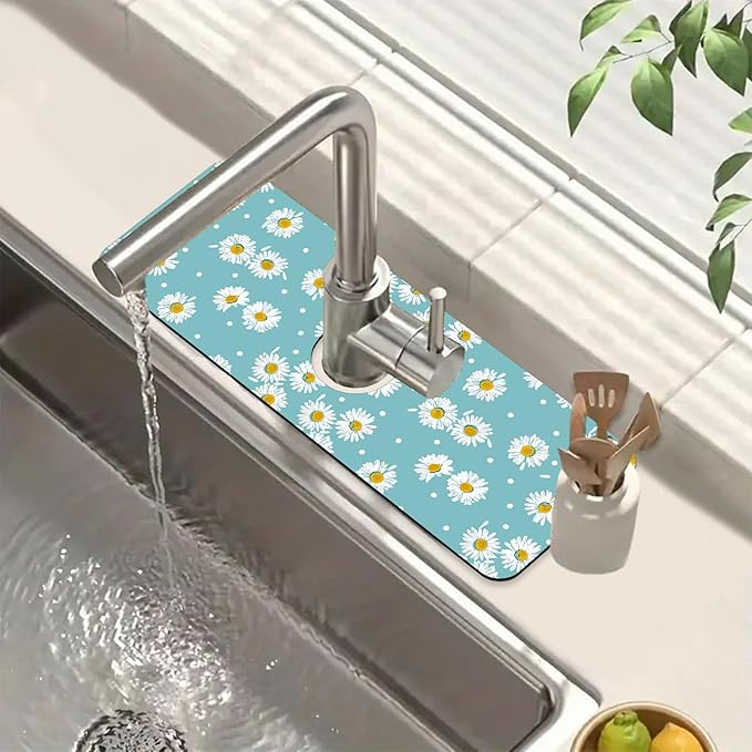 Cute Daisy Sink Faucet Absorbing Mat White Daisies Super Absorbent Fast Drying