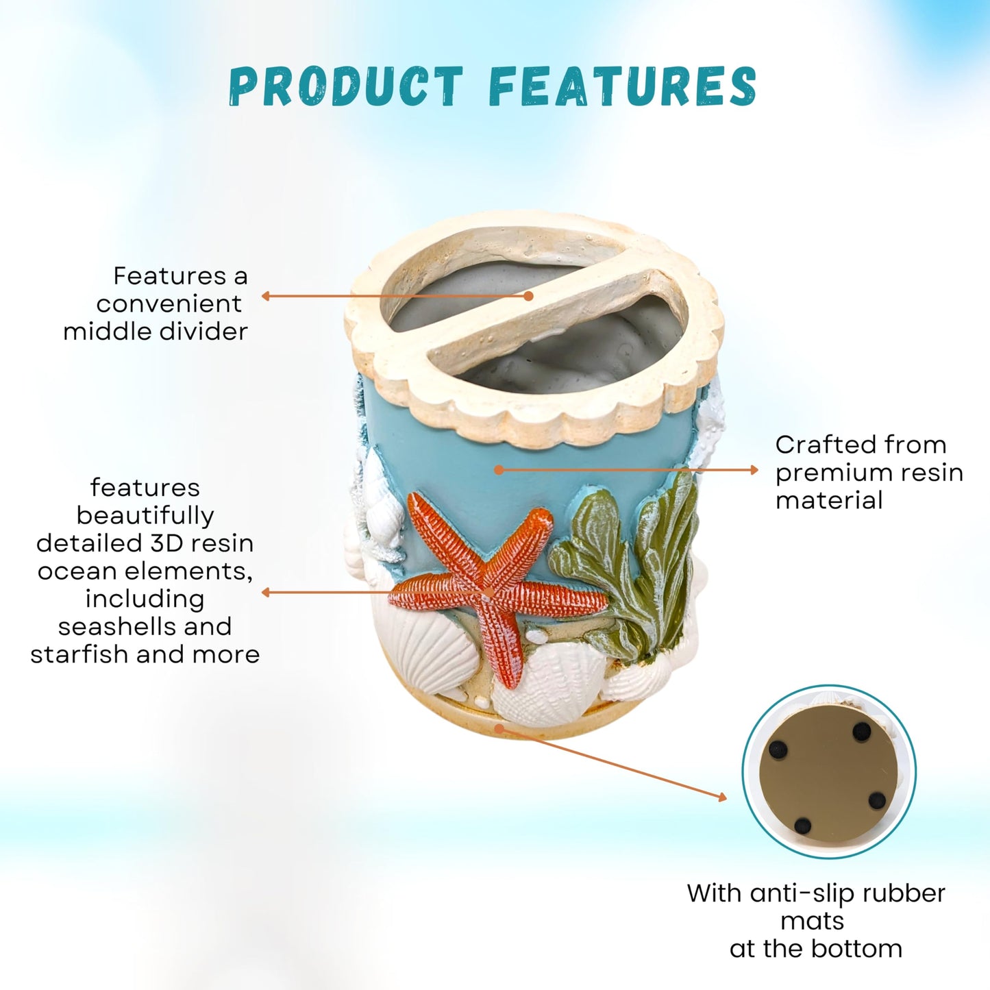 Seaside Splendor Toothbrush Holder – Beautifully Detailed 3D Ocean Elements, Seashells, Starfish, Premium Resin for Coastal Bathrooms, Guest Baths, Beach-Themed Décor, and Nautical Home Accessories