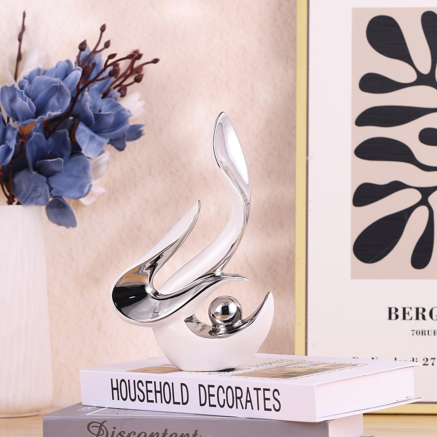 PlivBloom Silver Living Room Decor Table,Sculptures Home Decor,Modern Abstract Art,Dinner Table Centerpiece Decor,Ceramic Statue and Figurines Decorations Accent,Adorno Para Mesa Comedor(White Silver)