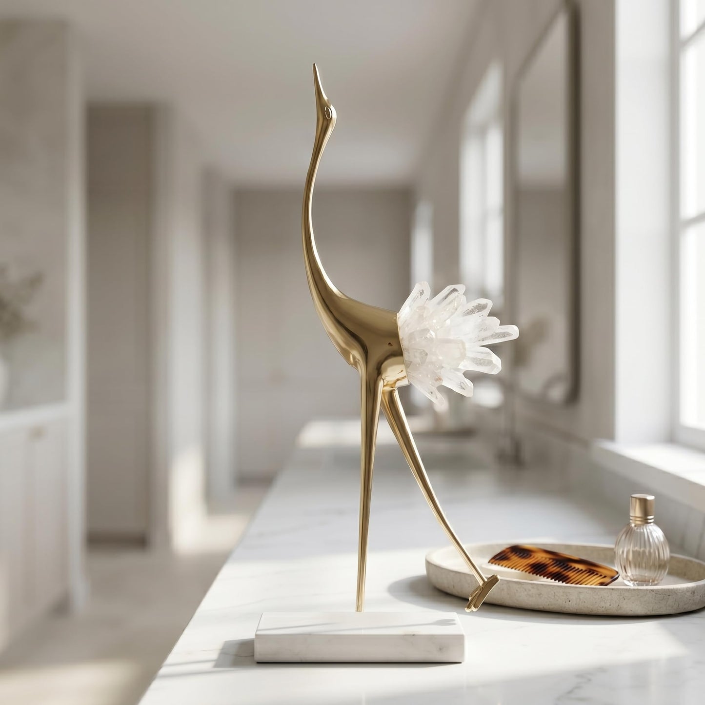 suruim Elegant Gold Crane Bird Statues with Crystal Tail Accents, Decorative Brass Figurines for Home Decor (White A)
