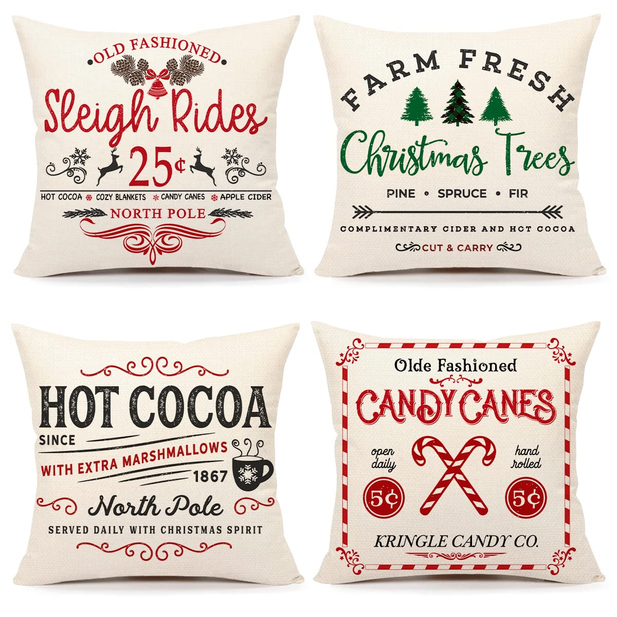 4TH Emotion Farmhouse Christmas Pillow Covers 18x18 Set of 4 Winter Holiday Decorations Xmas Rustic Throw Cushion Case for Sofa Couch Home Decor (Sleigh Rides, Farm Fresh Tree, Cocoa, Candy Canes)