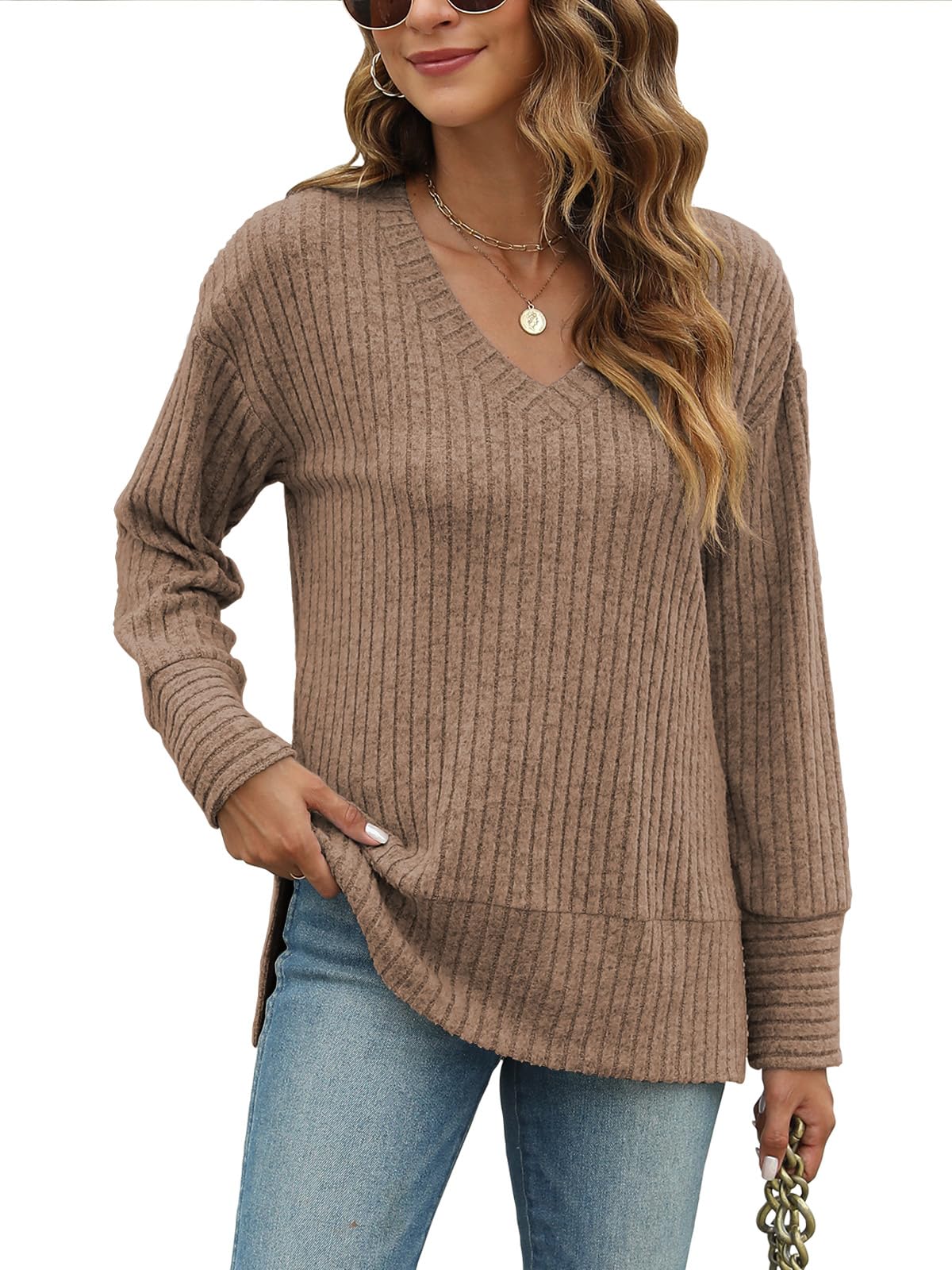 JomeDesign Womens Sweaters Long Sleeve V Neck Shirts Loose Casual Fashion Tops