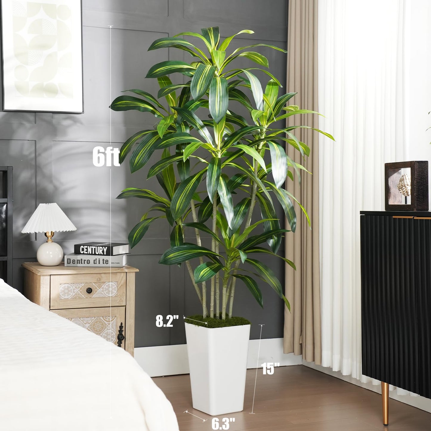ZEEOZE Dracaena Plant Artificial Tree 6Ft Tall Fake Tropical Floor Plants Potted (Real Touch) Artificial Silk Tree Leaf Faux Trees White Tall Planter for Home Office Living Room Indoor Outdoor Decor