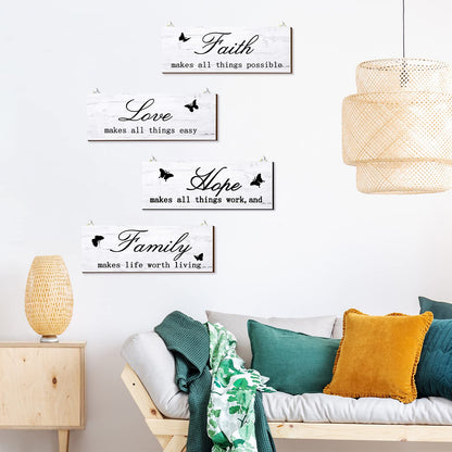 4 Pieces Faith Love Hope Family Wood Sign Farmhouse Wooden Family Sign with Quotes Faith Love Hope Family Home Sign Plaque Rustic Wooden Home Wall Sign for Front Porch Door Wall, 10 x 4 Inch (White)