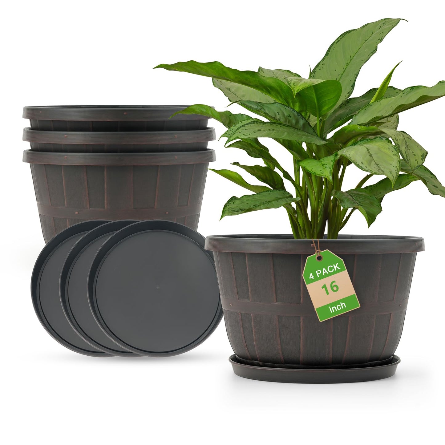 Quarut 16 Inch Brown Classic Plastic Whiskey Barrel Planters Set of 4 with Drainage Holes & Trays for Indoor & Outdoor Use