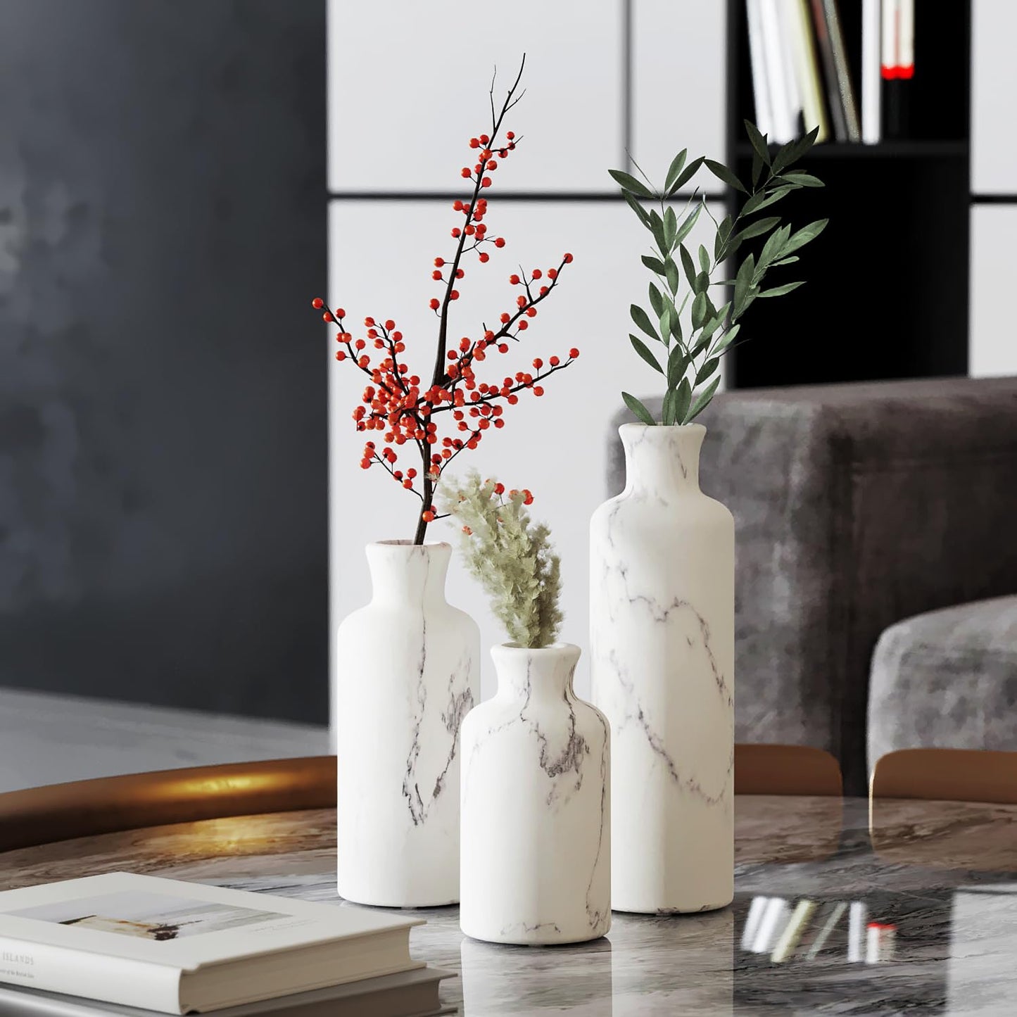 Creative Scents White Marble Look Vases Home Decor - Vase Set of 3 - Perfect for Holding Pampas Grass, Dried/Fresh Flowers, Vases for Your Kitchen, Bedroom, Office, Living/Dining Room, or Shelf Decor