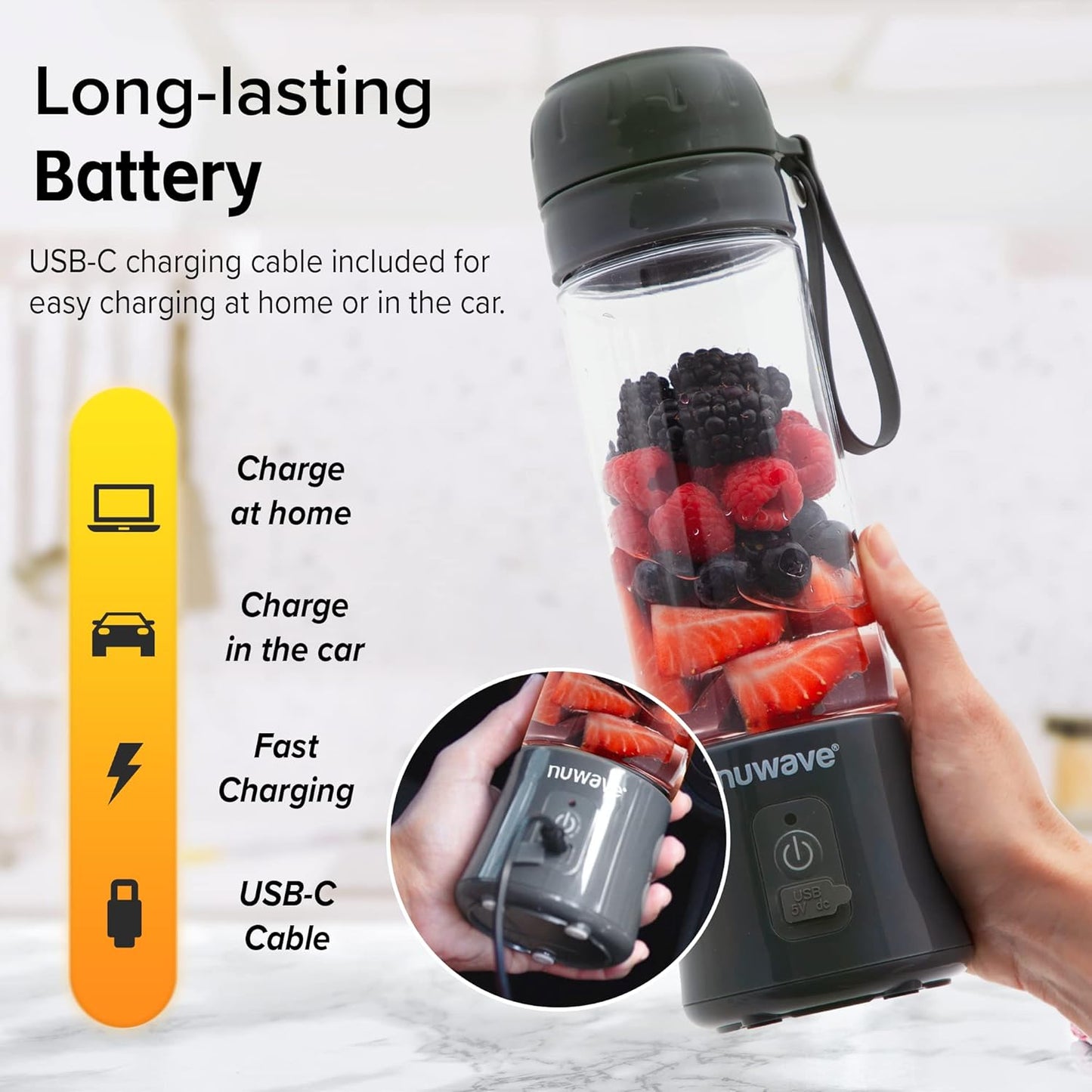 Nuwave Portable Blender with USB-C Rechargeable, 6-Blade for Crushing Ice, BPA Free 18 Oz Jar, Smoothies Blender for Travel, Office and Sports, Obsidian Gray