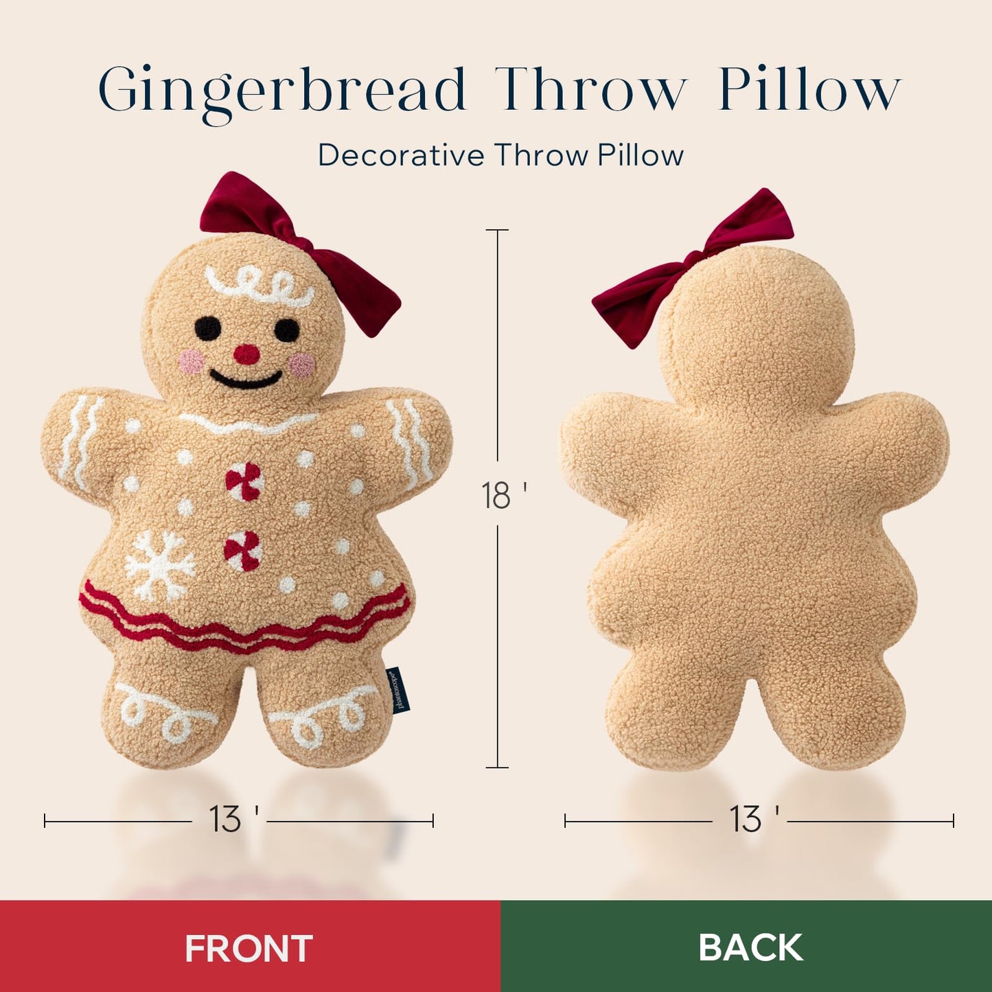Phantoscope Gingerbread Series Merry Christmas Throw Pillow, Plush Teddy Sherpa Xmas Gingerbread Girl Shaped Christmas Decorative Pillow with Bow for Couch Living, Bedroom, Beige, 13x18 inches