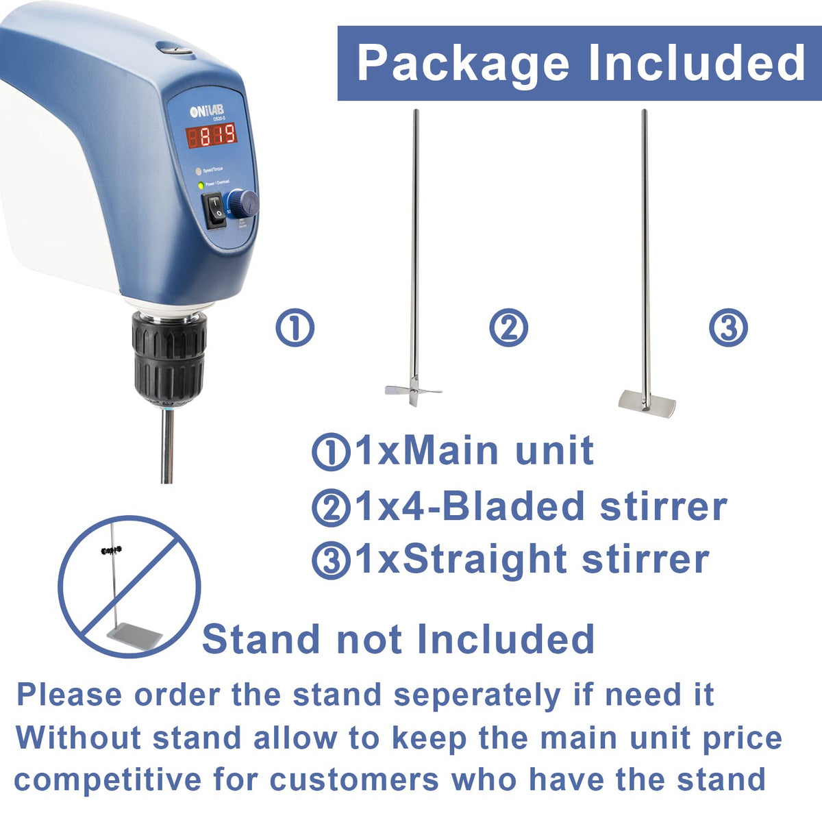 ONiLAB Electric Overhead Stirrer, LED Digital Overhead Stirrer Mixer with Stirring Rod，20L ，10000 mPas ， 50~2200RPM, Aluminum Alloy(Stirrer only, Stand not Included)