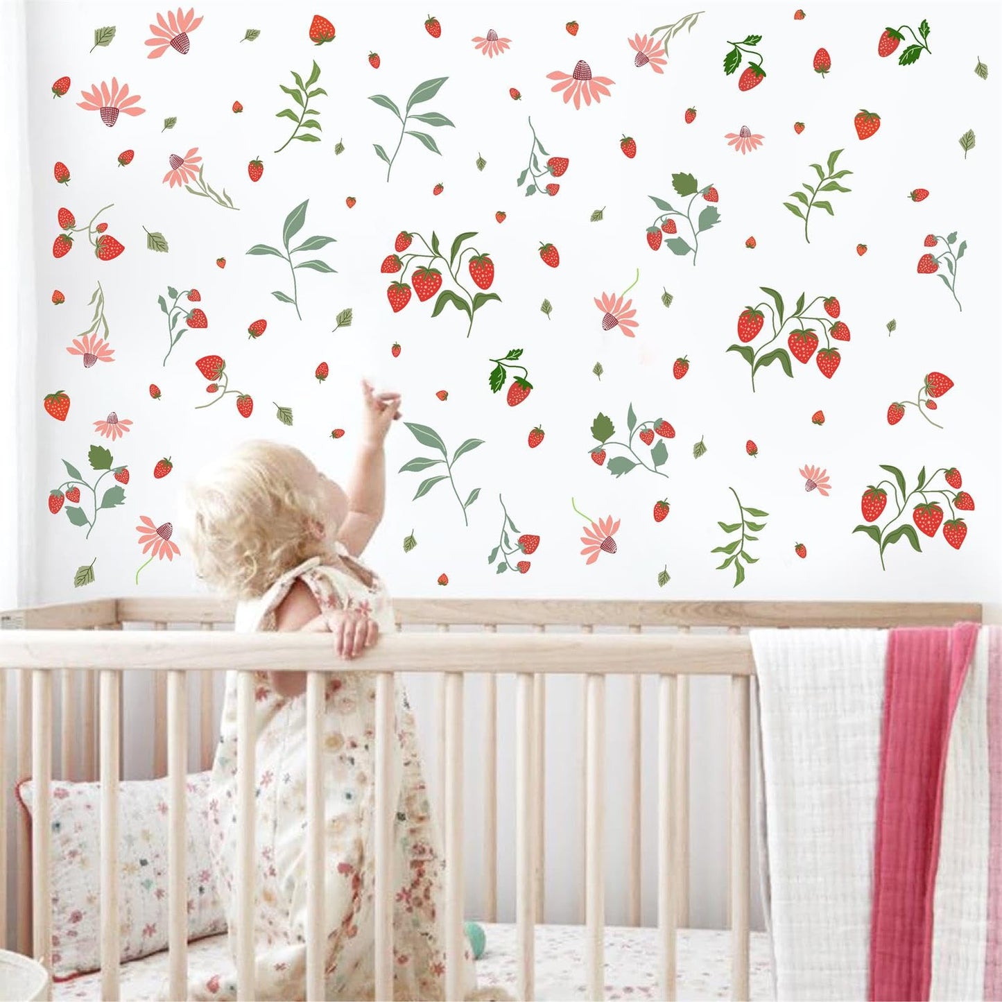 Strawberry Wall Decals Berry Fruit Wall Stickers Floral Leaf Fruits Leaves Stickers Cute Strawberries Wall Sticker Removable Berries Strawberry Decals for Nursery Girls Room Bedroom Decor