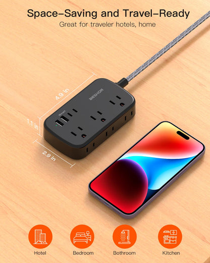 Flat Extension Cord, BESHON 5FT Flat Plug Power Strip with USB C, 6 Outlets 4 USB Port(2 USB C), No Surge Protector, Cruise Ship, Dorm Room Travel Essentials