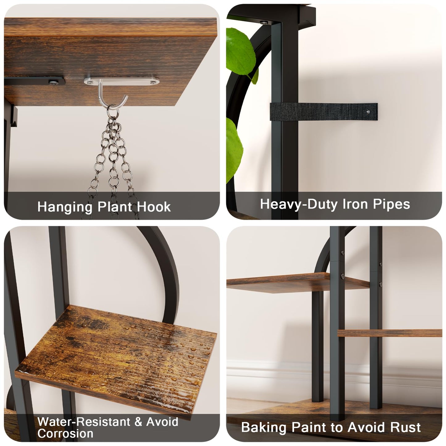 REFGY 6-Tier Tall Plant Stand with Hanging Hook, Multi-Tiered Vertical Flower Pot Holder for Indoor Outdoor, Heavy Duty Metal Plant Shelf for Corner, Living Room, Balcony, Patio, Rustic Brown