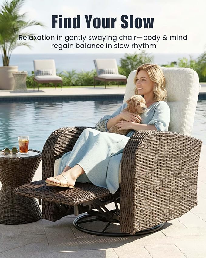 Outdoor Swivel Recliner Chair, All-Weather Wicker Reclining Patio Chair with Adjustable Backrest and Footrest