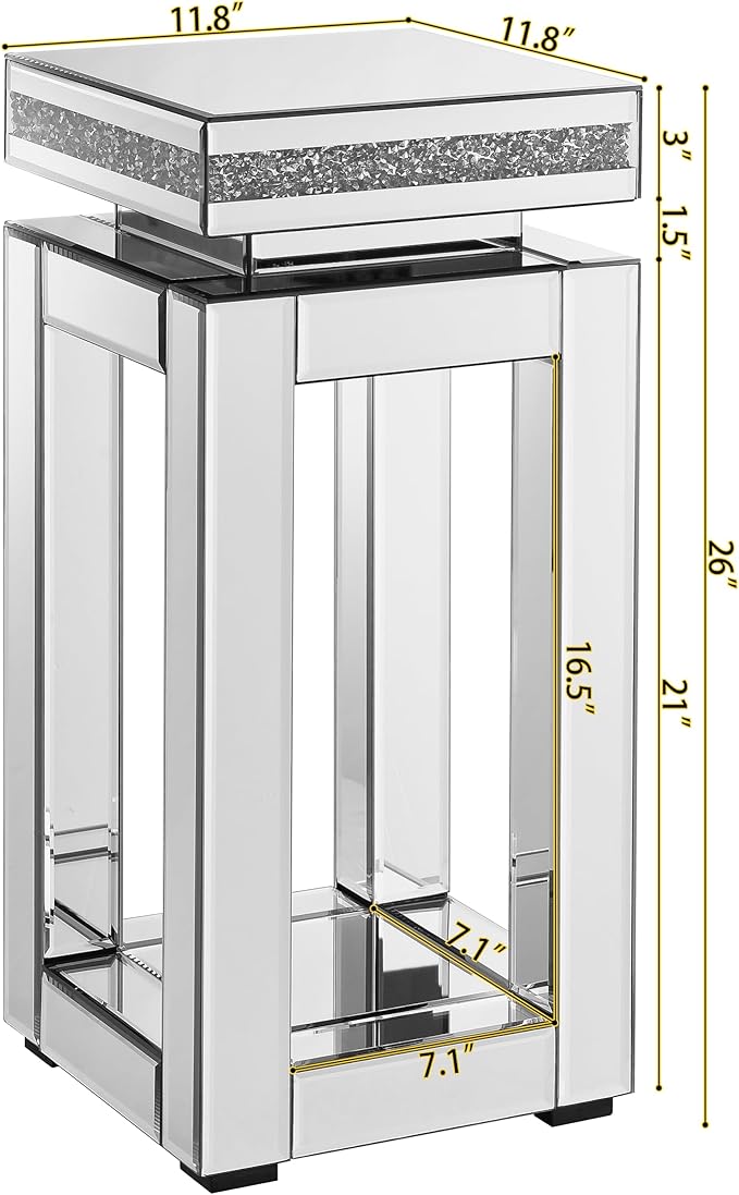 Mirrored End Table Square with Crystals, 2-Tier Modern Small Sofa Table with