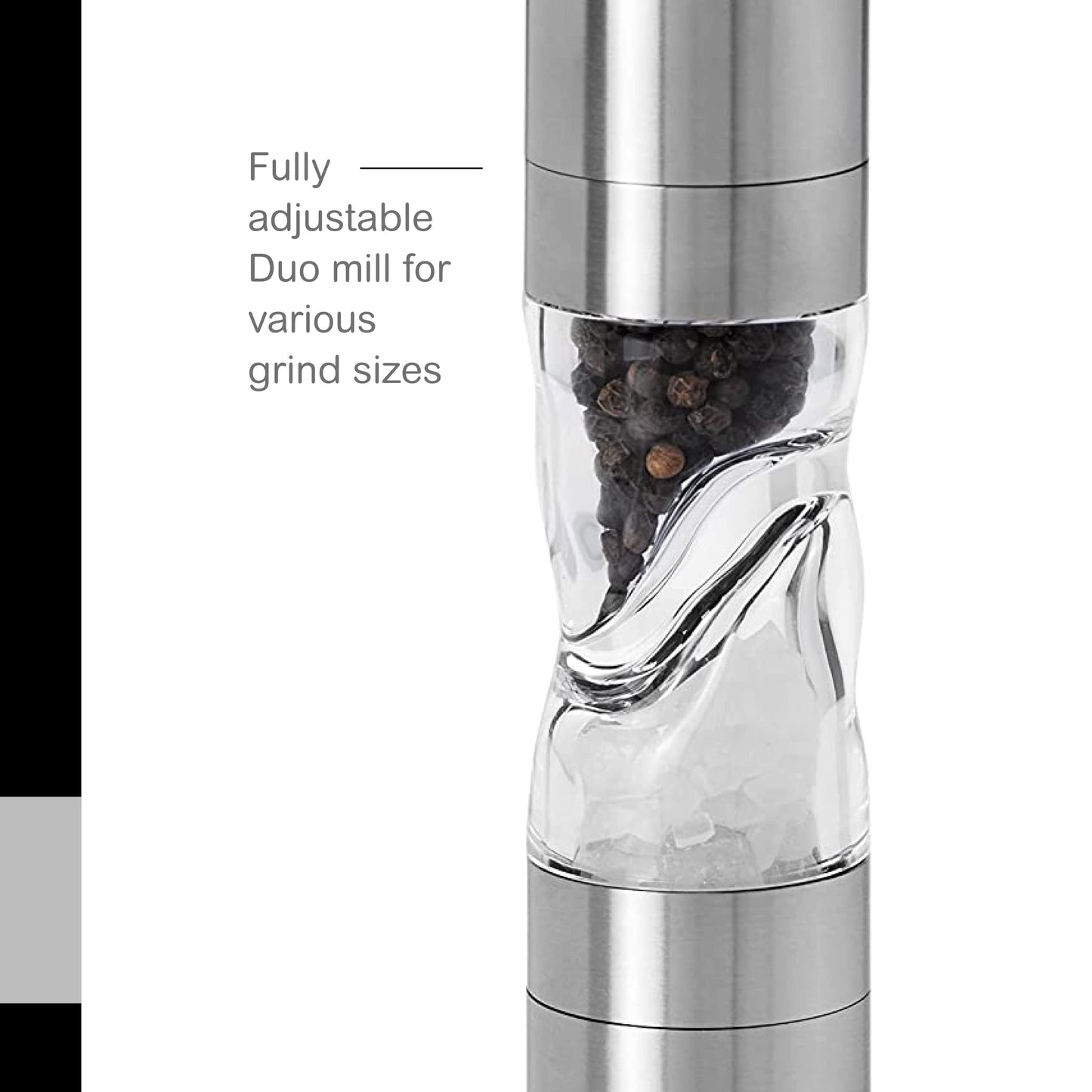 AdHoc Duomill Pure Salt and Pepper Combo Mill - Stainless Steel Salt & Pepper Mill - Handy Salt & Pepper Grinder - Stainless Steel